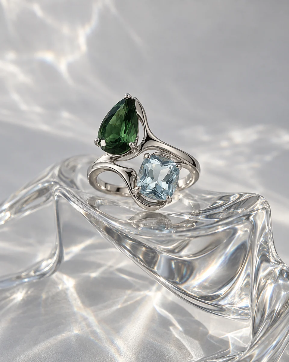 Green and ice-blue gemstones held in flowing silver, on sculptural glass